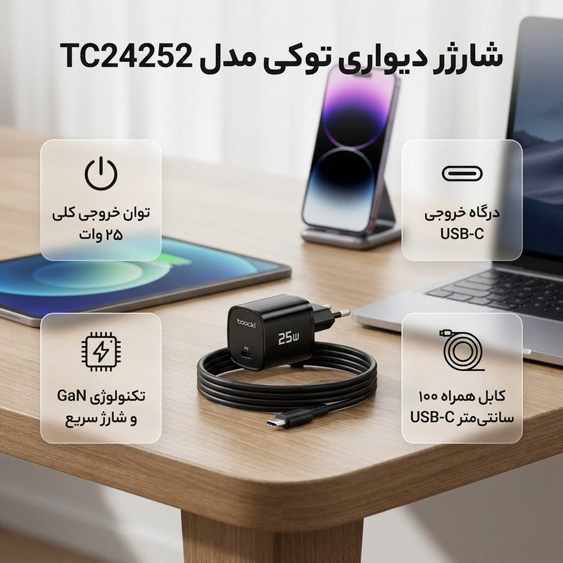 شارژر دیواری ۲۵ وات توکی مدل A12 به همراه کابل USB-C