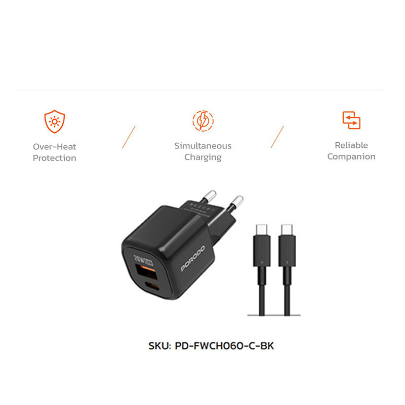 شارژر دیواری 20 وات دو پورت پرودو مدل FWC060 به همراه کابل USB-C