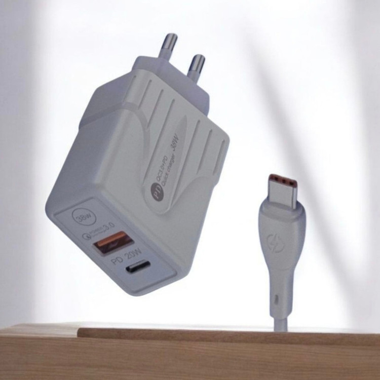 شارژر دیواری 38 وات 2 پورت مدل PD38w به همراه کابل تبدیل USB-C به USB