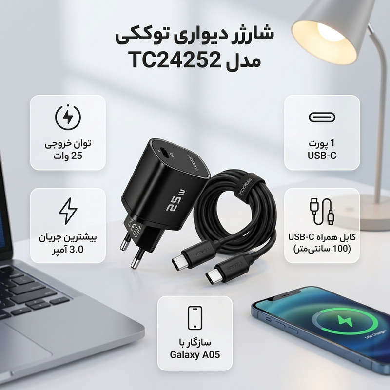 شارژر دیواری ۲۵ وات توکی مدل Galaxy-A05 با کابل USB-C