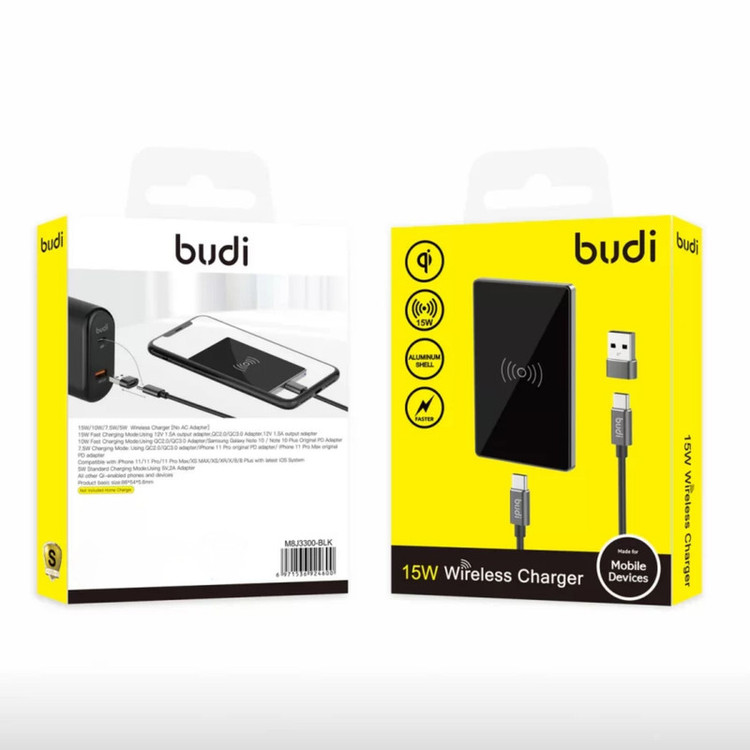 شارژر بیسیم 15 وات بودی مدل M8J3300B به همراه کابل USB-C و مبدل USB-C به USB-A