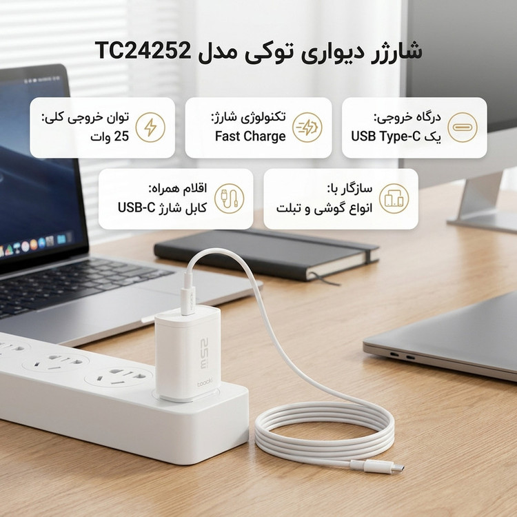 شارژر دیواری 25 وات توکی مدل Note-8 به همراه کابل USB-C