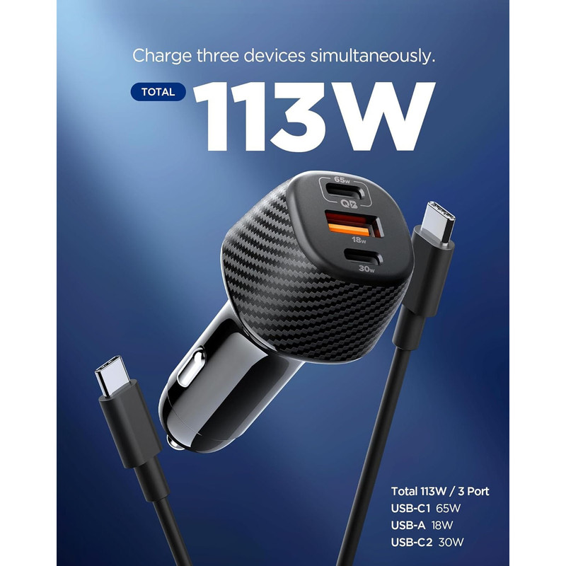 شارژر فندکی 113 وات سه پورت اسپیگن مدل EV1133 به همراه کابل تبدیل USB‑C