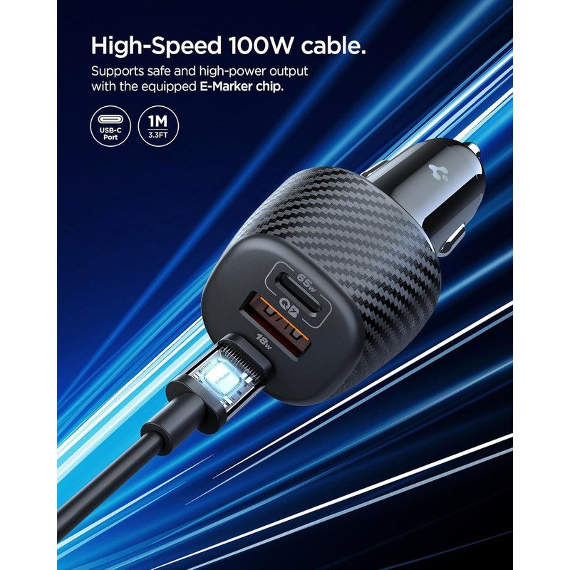 شارژر فندکی 113 وات سه پورت اسپیگن مدل EV1133 به همراه کابل تبدیل USB‑C
