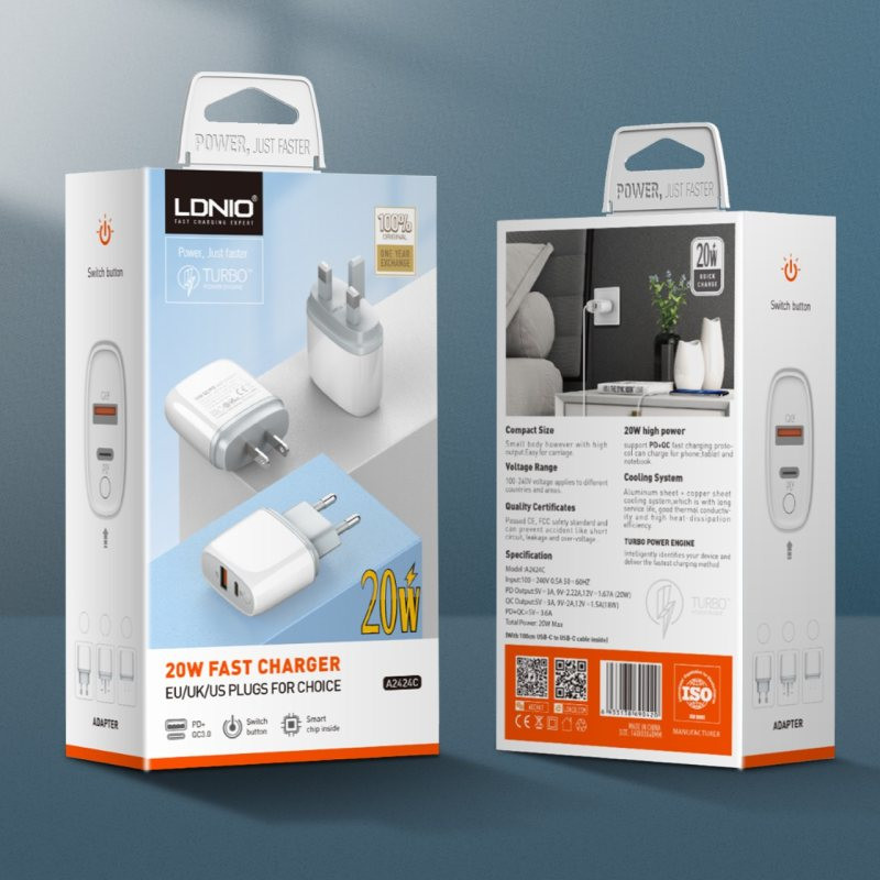 شارژر دیواری الدینیو مدل A2424C 20w به همراه کابل USB-C