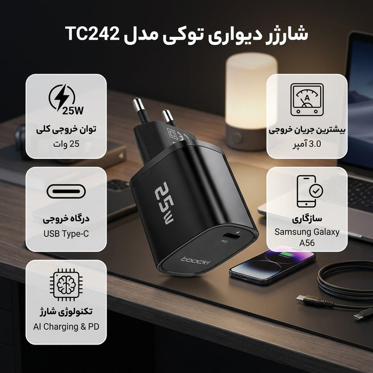 شارژر دیواری ۲۵ وات توکی مدل Galaxy-A56