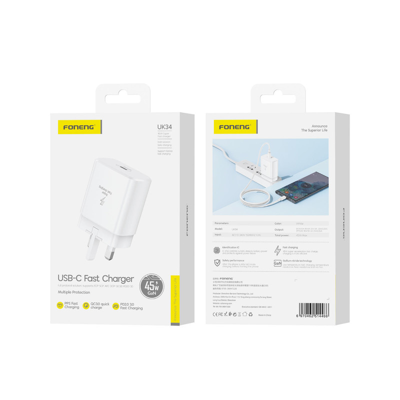 شارژر دیواری 45 وات فوننگ مدل UK32 به همراه کابل تبدیل USB-C