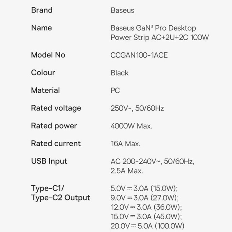 شارژر رومیزی 100 وات بیسوس مدل CCGAN100-1ACE به همراه کابل USB-C