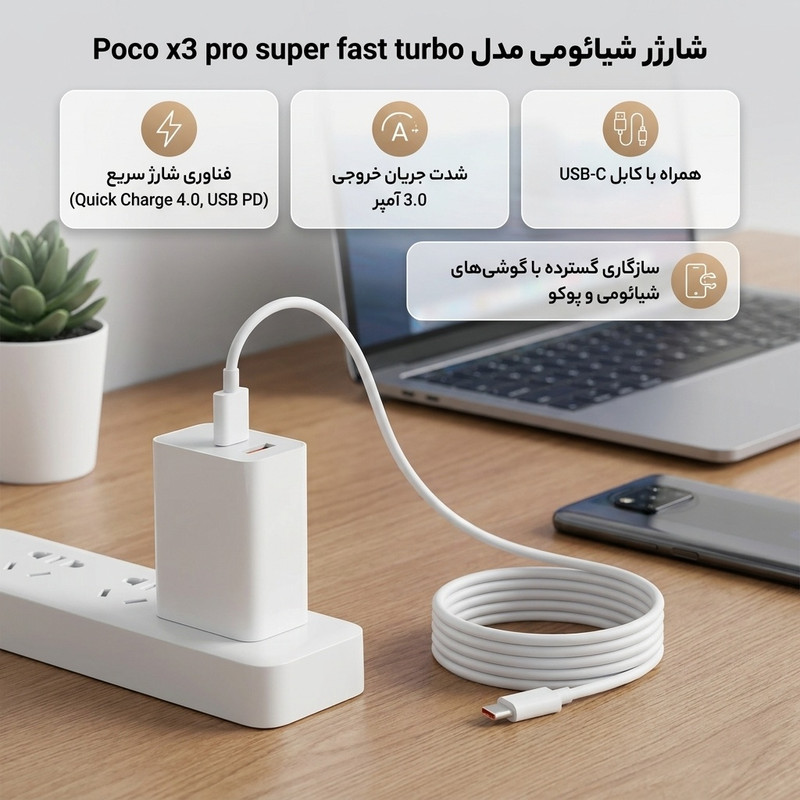 شارژر شیائومی مدل Poco x3 pro super fast turbo به همراه کابل تبدیل usb-c