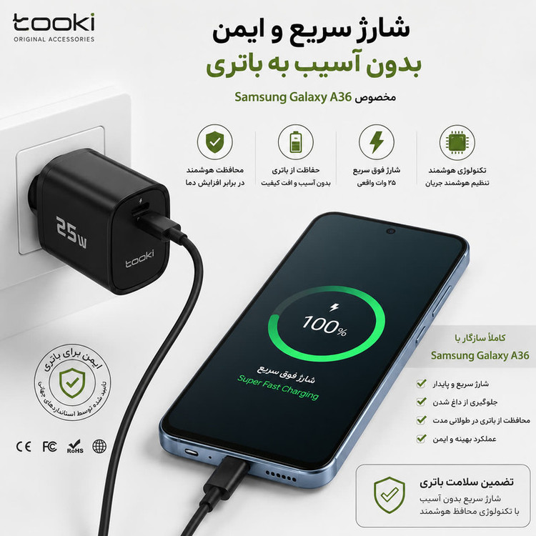 شارژر دیواری ۲۵ وات توکی مدل Galaxy-A36