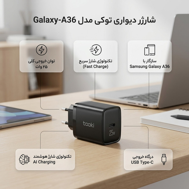 شارژر دیواری ۲۵ وات توکی مدل Galaxy-A36