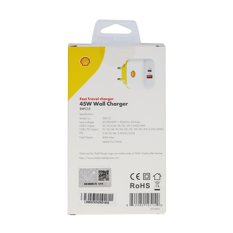 شارژر دیواری 45 وات شل مدل SWC15 به همراه کابل USB-C