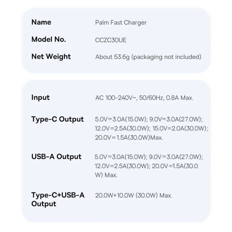 شارژر دیواری 30 وات بیسوس مدل Palm 30W به همراه کابل USB-C