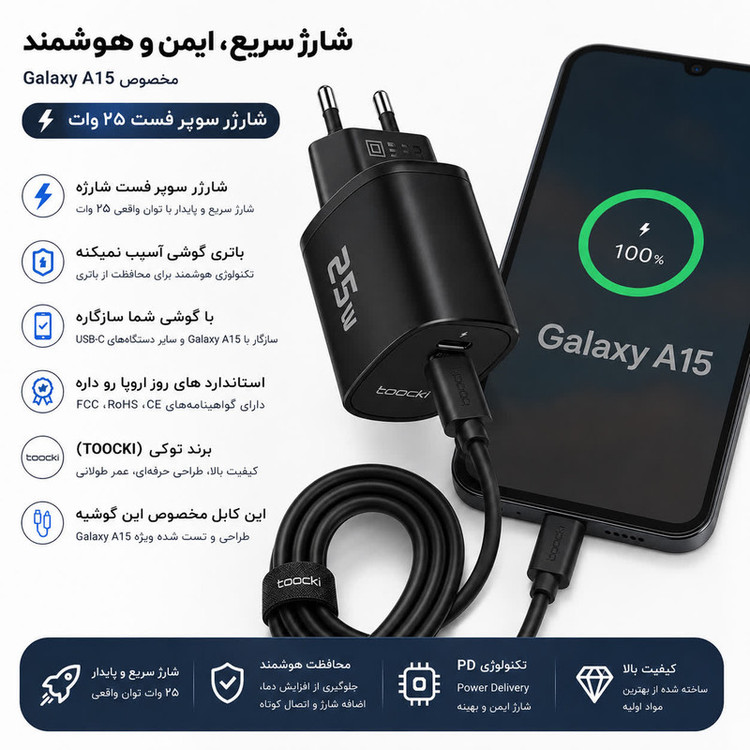 شارژر دیواری ۲۵ وات توکی مدل Galaxy-A15 با کابل USB-C