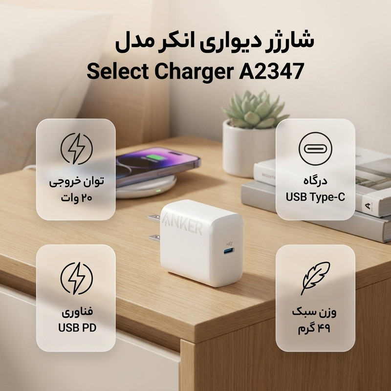 شارژر دیواری 20 وات انکر مدل Select Charger A2347
