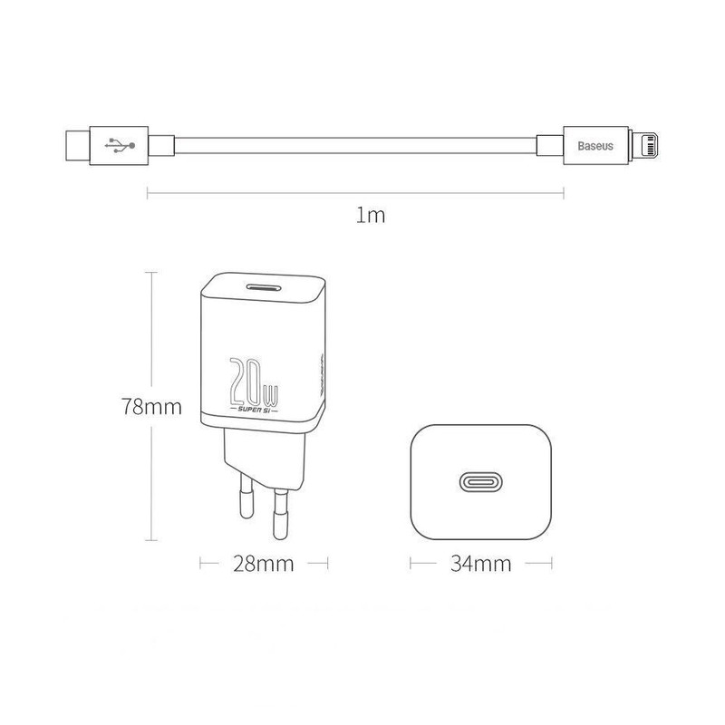 شارژر دیواری باسئوس مدل TZCCSUP-20W به همراه کابل تبدیل لایتنینگ