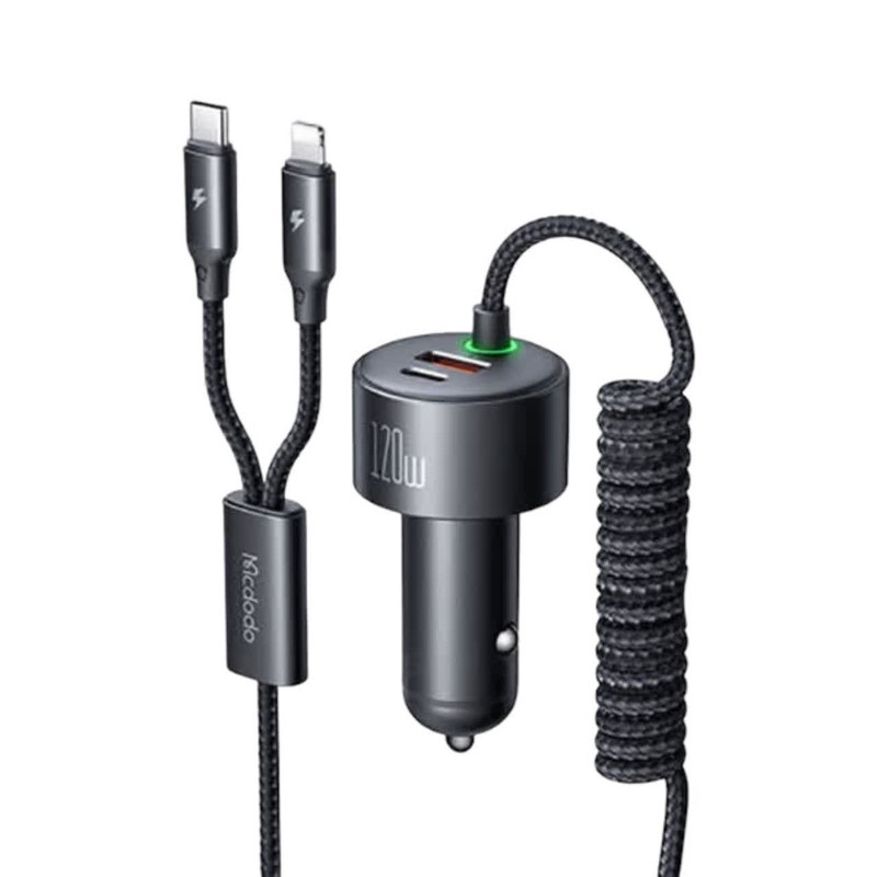 شارژر فندکی120 وات  مک دودو مدل cc-0370 به همراه کابل USB-C/لایتنینگ