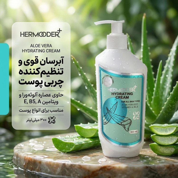 کرم آبرسان هرمودر مدل ALOE VERA مناسب برای انواع پوست حجم 300 میلی لیتر