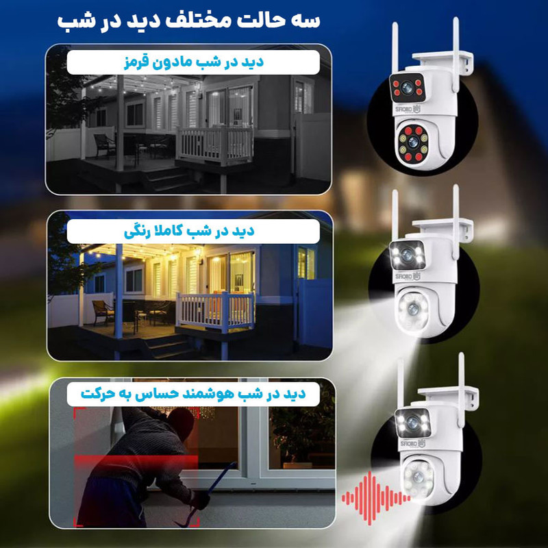 دوربین امنیتی تحت شبکه دو لنز اسفیورد مدل Z322، با کیفیت تصویر 3 مگاپیکسل، دید در شب رنگی، تشخیص و تعقیب سوژه با هوش مصنوعی، چرخش افقی 335 و عمودی 90 درجه و مکالمه دوطرفه
