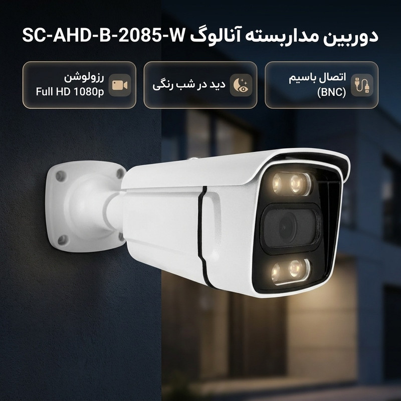 دوربین مداربسته آنالوگ AHD بولت مدل SC-AHD-B-2085-W با رزولوشن 2 مگاپیکسل، دید در شب رنگی LED، اتصال باسیم BNC و بدنه فلزی مناسب فضای باز