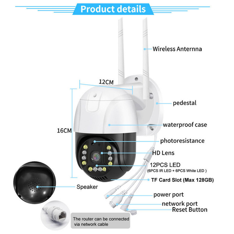 دوربین مداربسته تحت شبکه چرخشی 2 مگاپیکسل مدل V380-P20، با اتصال بیسیم Wi-Fi و باسیم LAN، چرخش افقی 350 و عمودی 90 درجه، دید در شب رنگی، تعقیب سوژه و صدای دوطرفه