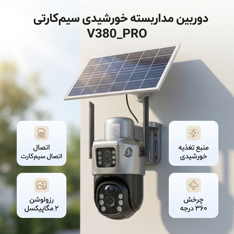 دوربین مداربسته تحت شبکه سیمکارتی چرخشی مدل V380_PRO با رزولوشن 2MP، پشتیبانی از کارت حافظه 128GB، منبع تغذیه پنل خورشیدی و اتصال بیسیم سیمکارت