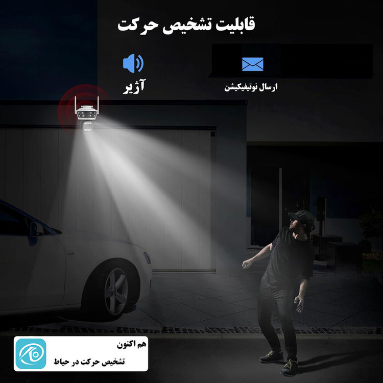دوربین مداربسته تحت شبکه سیمکارتی 3 مگاپیکسل مدل QQ855A با 3 لنز، دید در شب رنگی و سیاهوسفید، تشخیص حرکت و تعقیب سوژه، مکالمه دوطرفه و استاندارد IP66