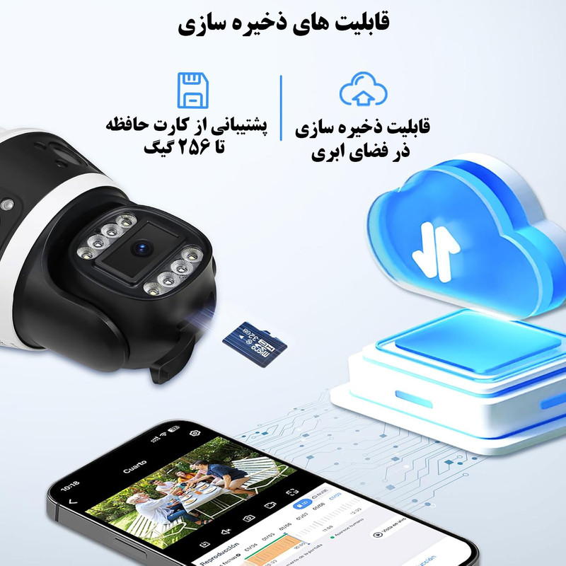 دوربین مداربسته تحت شبکه سیمکارتی 3 مگاپیکسل مدل QQ855A با 3 لنز، دید در شب رنگی و سیاهوسفید، تشخیص حرکت و تعقیب سوژه، مکالمه دوطرفه و استاندارد IP66