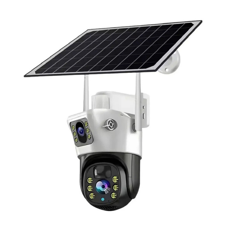 دوربین امنیتی تحت شبکه اسپیددام مدل v380 pro 4G با پنل خورشیدی، اتصال سیمکارت، لنز چرخشی 360 درجه، دید در شب رنگی و استاندارد IP66