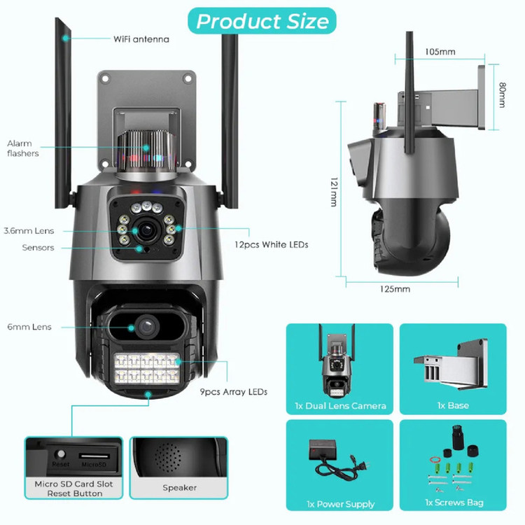 دوربین امنیتی تحت شبکه 2 لنز مدل CXY-01 با اتصال سیمکارت و LAN، چرخش 360 درجه، دید در شب، تشخیص انسان و مکالمه دوطرفه
