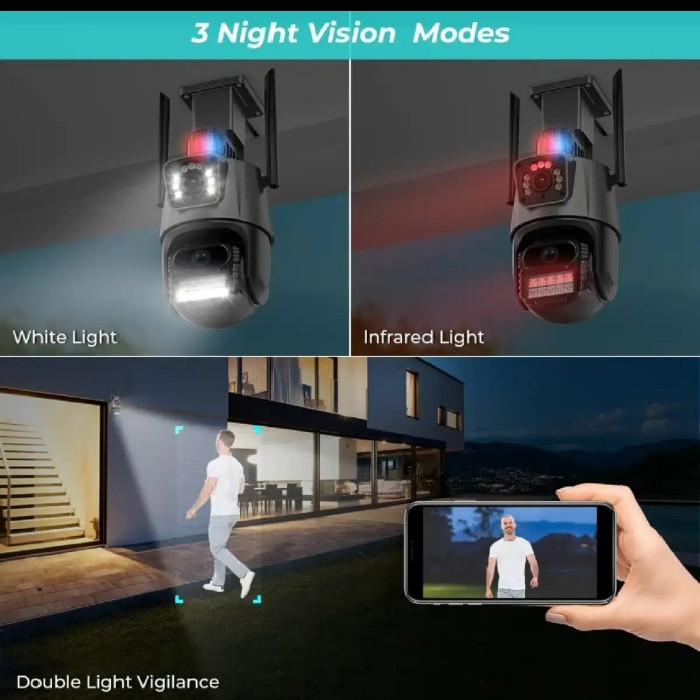 دوربین امنیتی تحت شبکه دو لنزه مدل IPC-V380-V21 با اتصال سیمکارت و LAN، چرخش 360 درجه، دید در شب، تشخیص انسان و مکالمه دوطرفه