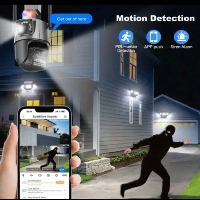 دوربین امنیتی تحت شبکه دو لنزه مدل IPC-V380-V21 با اتصال سیمکارت و LAN، چرخش 360 درجه، دید در شب، تشخیص انسان و مکالمه دوطرفه