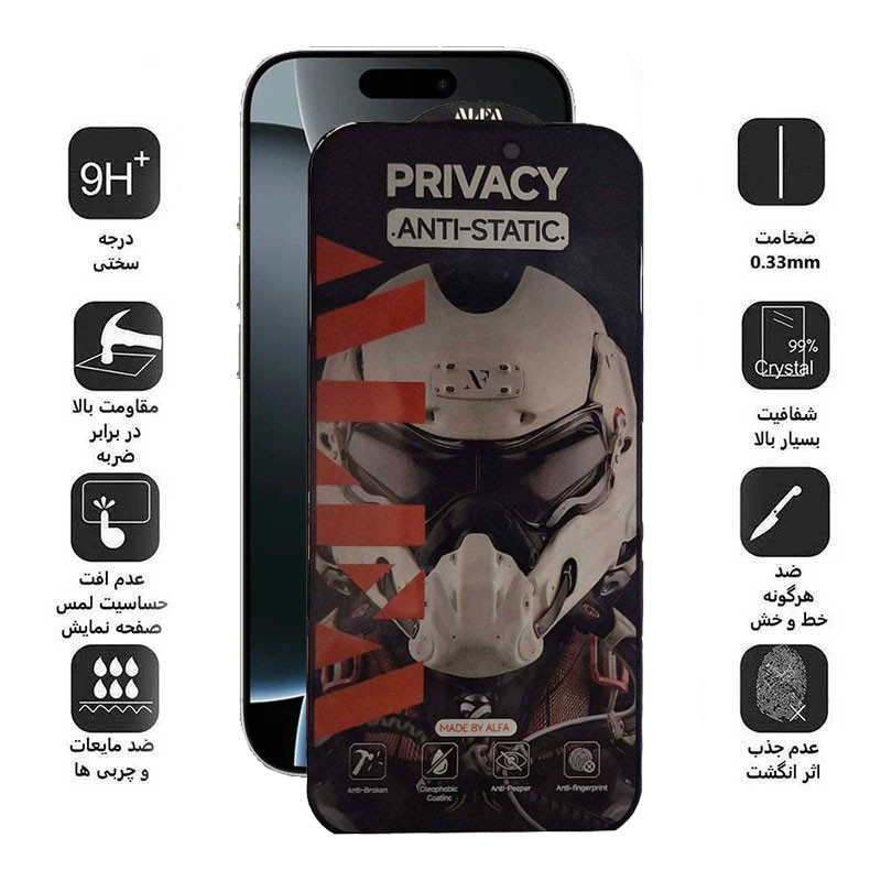 محافظ صفحه نمایش حریم شخصی اپیکوی مدل Alpha مناسب برای گوشی موبایل اپل iPhone 16 Pro Max