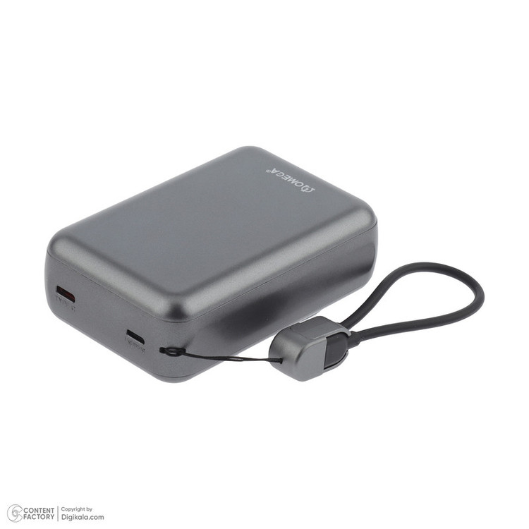 پاوربانک بی سیم 22.5 وات امگا مدل PB2025W ظرفیت 20000 میلیآمپرساعت به همراه دو کابل USB-C و لایتنینگ