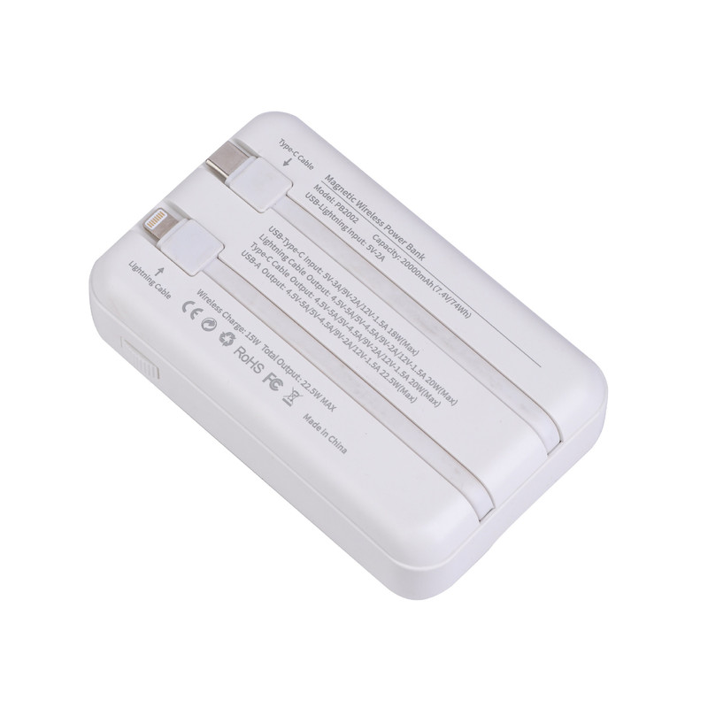 پاوربانک بی سیم 22.5 وات امگا مدل PB2002 ظرفیت 20000 میلیآمپرساعت به همراه سه کابل USB-C و لایتنینگ