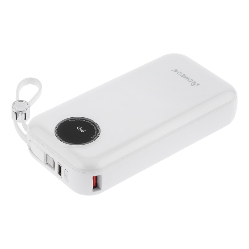پاوربانک 22.5 وات امگا مدل PB2005 ظرفیت 20000 میلیآمپرساعت به همراه کابل USB-C به USB-C/لایتنینگ