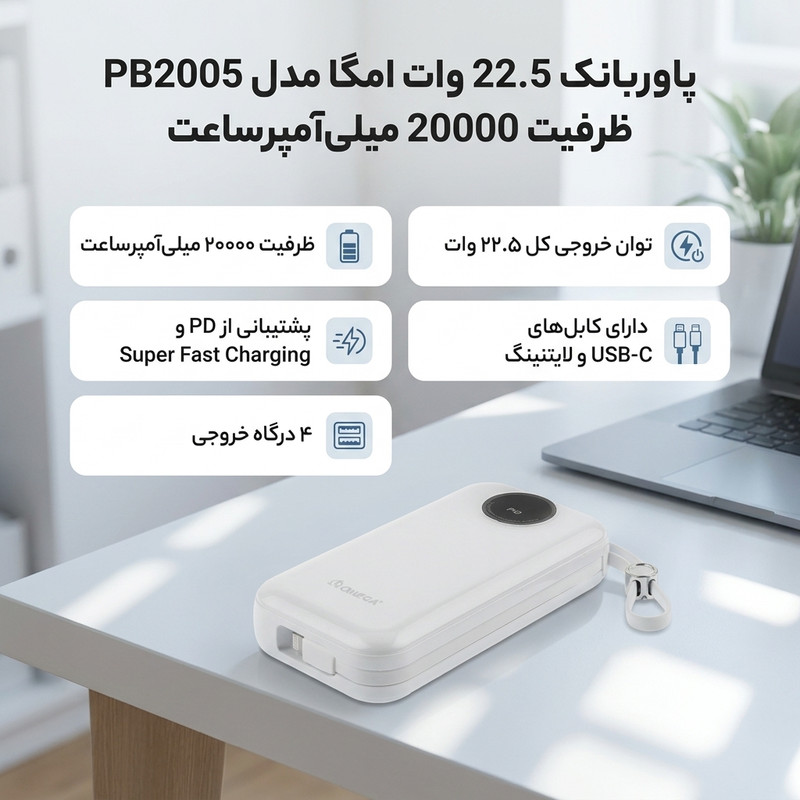 پاوربانک 22.5 وات امگا مدل PB2005 ظرفیت 20000 میلیآمپرساعت به همراه کابل USB-C به USB-C/لایتنینگ