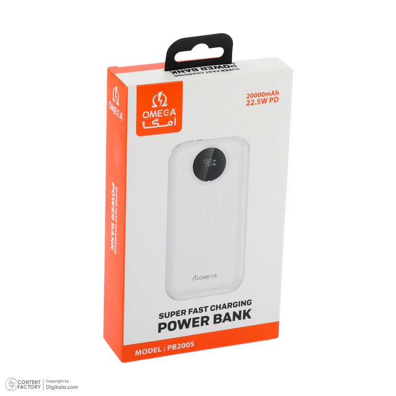 پاوربانک 22.5 وات امگا مدل PB2005 ظرفیت 20000 میلیآمپرساعت به همراه کابل USB-C به USB-C/لایتنینگ