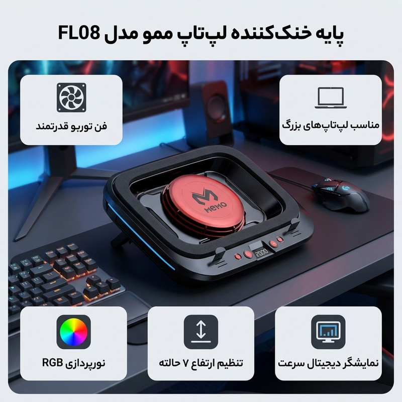 پایه خنککننده لپتاپ ممو مدل FL08 دارای 1 فن مناسب برای لپتاپهای 14.1 اینچ تا 19.3 اینچ