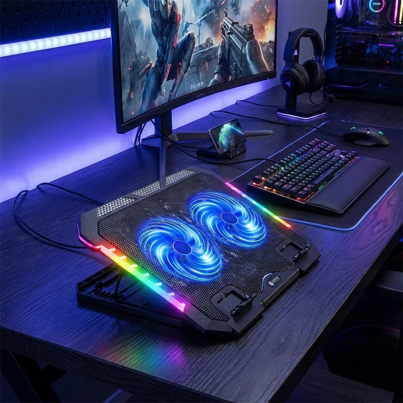پایه خنککننده لپتاپ گیمینگ لوتوس مدل GF219-RGB دارای دو عدد فن مناسب برای لپ تاپهای 13 تا 16 اینچی