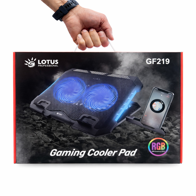پایه خنککننده لپتاپ گیمینگ لوتوس مدل GF219-RGB دارای دو عدد فن مناسب برای لپ تاپهای 13 تا 16 اینچی