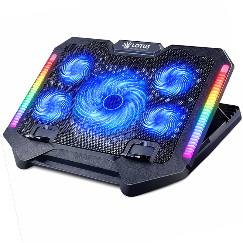 پایه خنککننده لپتاپ گیمینگ لوتوس مدل GF220-RGB دارای پنج عدد فن مناسب برای لپ تاپهای 14 تا 17 اینچی
