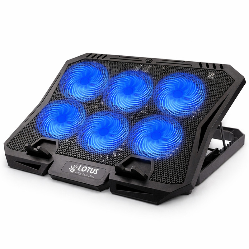 پایه خنککننده لپتاپ لوتوس مدل GF218-BLUE LIGHT دارای شش عدد فن مناسب برای لپ تاپهای 14 تا 16 اینچی