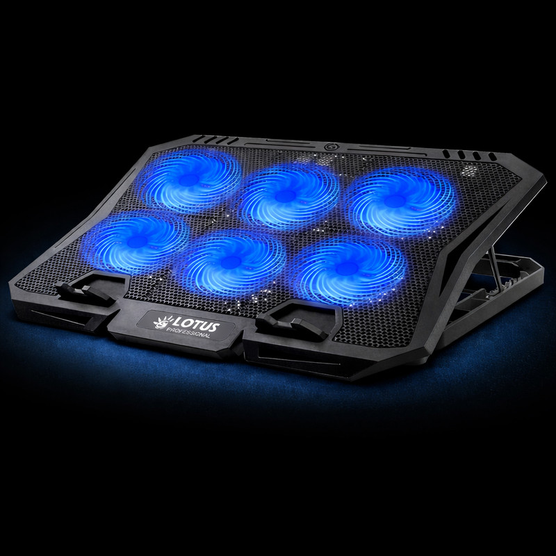 پایه خنککننده لپتاپ لوتوس مدل GF218-BLUE LIGHT دارای شش عدد فن مناسب برای لپ تاپهای 14 تا 16 اینچی