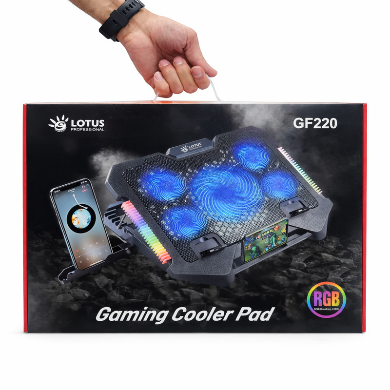 پایه خنککننده لپتاپ لوتوس مدل GF220 دارای پنج عدد فن مناسب برای لپ تاپهای 14.1 تا 15.6 اینچی