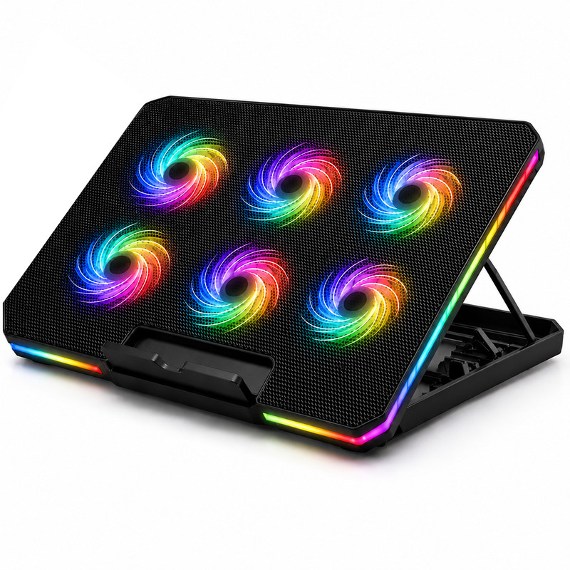 پایه خنککننده لپتاپ لوتوس مدل GF216-RGB دارای شش عدد فن مناسب برای لپ تاپهای 14 تا 17 اینچی