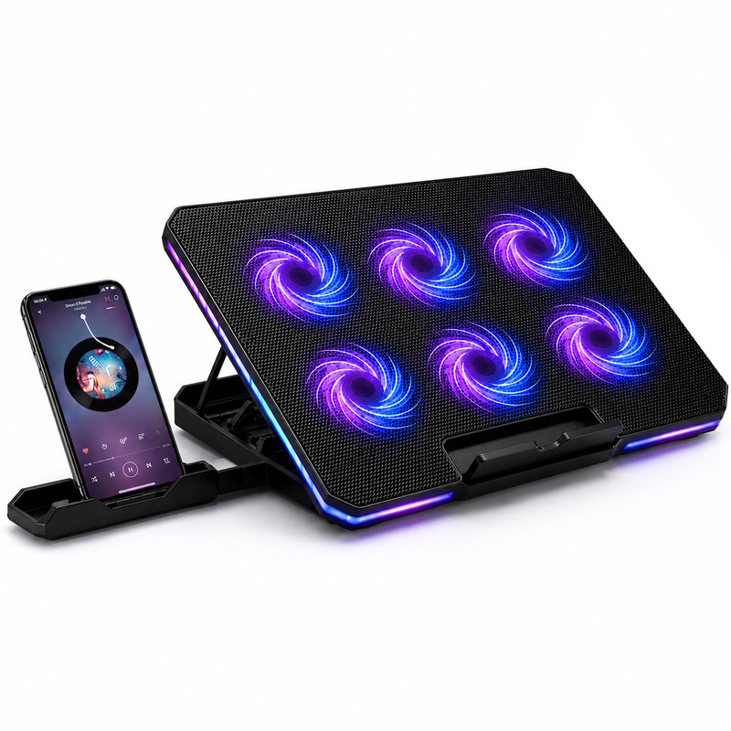 پایه خنک‌کننده لپ‌تاپ لوتوس مدل GF216-RGB دارای شش عدد فن مناسب برای لپ تاپ‌های 14 تا 17 اینچی