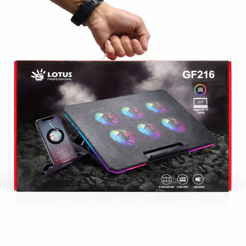 پایه خنککننده لپتاپ لوتوس مدل GF216-RGB دارای شش عدد فن مناسب برای لپ تاپهای 14 تا 17 اینچی
