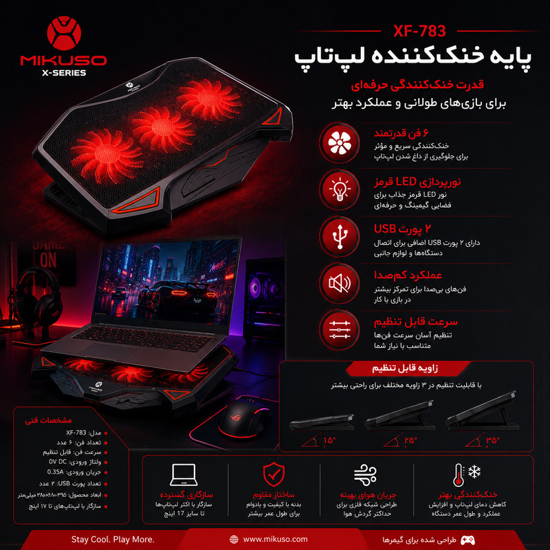 پایه خنککننده لپتاپ میکوسو مدل XF-783 دارای سه عدد فن مناسب برای لپ تاپهای 14.1 تا 15.6 اینچی
