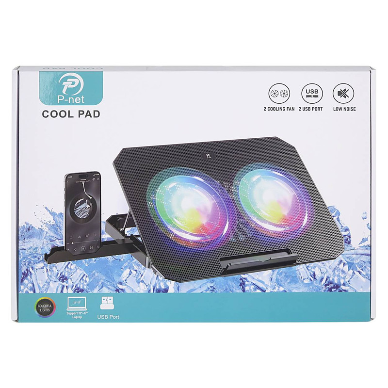 پایه خنککننده لپتاپ پی نت مدل p705 دارای دو عدد فن مناسب برای لپ تاپهای 16 تا 17 اینچی، 14.1 تا 15.6 اینچی، 13.1 تا 14 اینچی